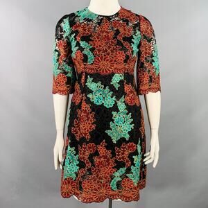DOLCE & GABBANA 10 Black Green Brown Floral Lace 3/4 Sleeves Knee Length Dress